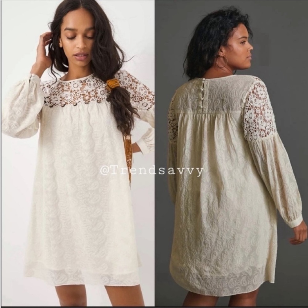 Anthropologie Verb Josephine Ivory Lace Tunic Dress Boho Long Sleeve Size M NWT